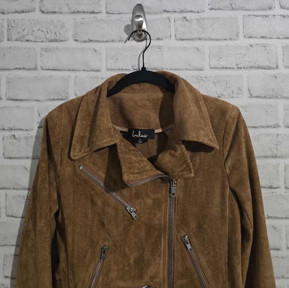 Lulus Faux Suede Moto Jacket Tan size S - Picture 6 of 11